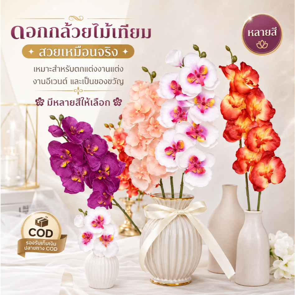 ดอกกล้วยไม้เทียม รูปลักษณ์เหมือนดอกจริง เหมาะตกแต่งงานอีเวนต์ งานแต่งงาน หรือเป็นของขวัญพิเศษ รองรับเก็บเงินปลายทาง COD