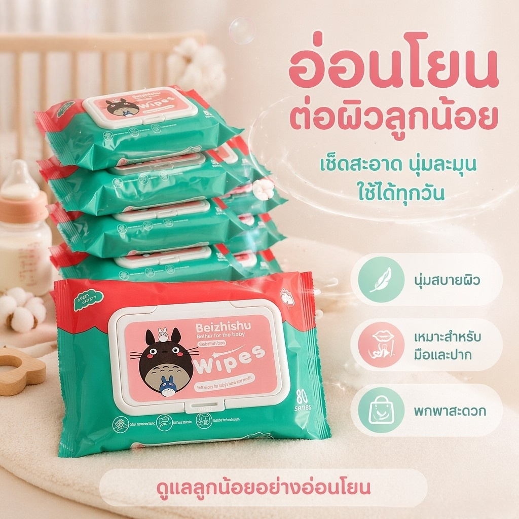 (ยกแพค 5 ห่อ) ทิชชูเปียก 1ห่อ80แผ่น ทิชชู่เปียก ของเด็ก กระดาษเปียก ผ้านุ่มชุ่มชื่น อ่อนโยนต่อ ผิว ปลอดภัยจากสารเคมี