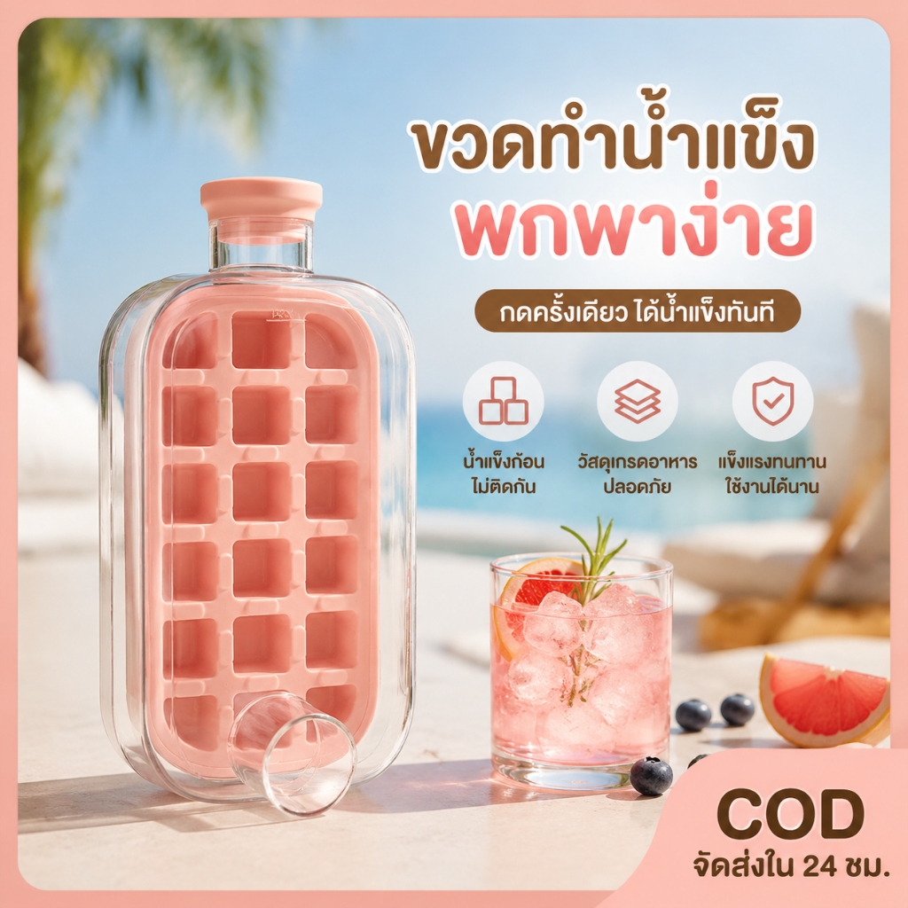 ที่ทำน้ำแข็งกดได้ 2 in 1 ขวดน้ำ ใช้ไม่ต้องแกะน้ำแข็งด้วยมือ มีสายกันลื่น หลอดดื่ม พร้อมส่ง