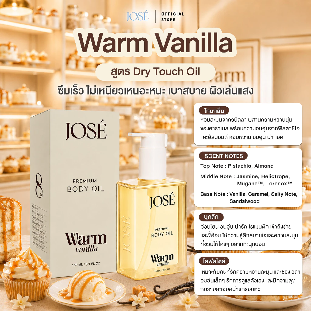 [บริษัทโดยตรง] - JOSE Premium Body Oil Warm Vanilla โจเซ่ พรีเมียม บอดี้ ออยล์ กลิ่นวอร์ม วนิลลา 1 ขวด thumbnail 4