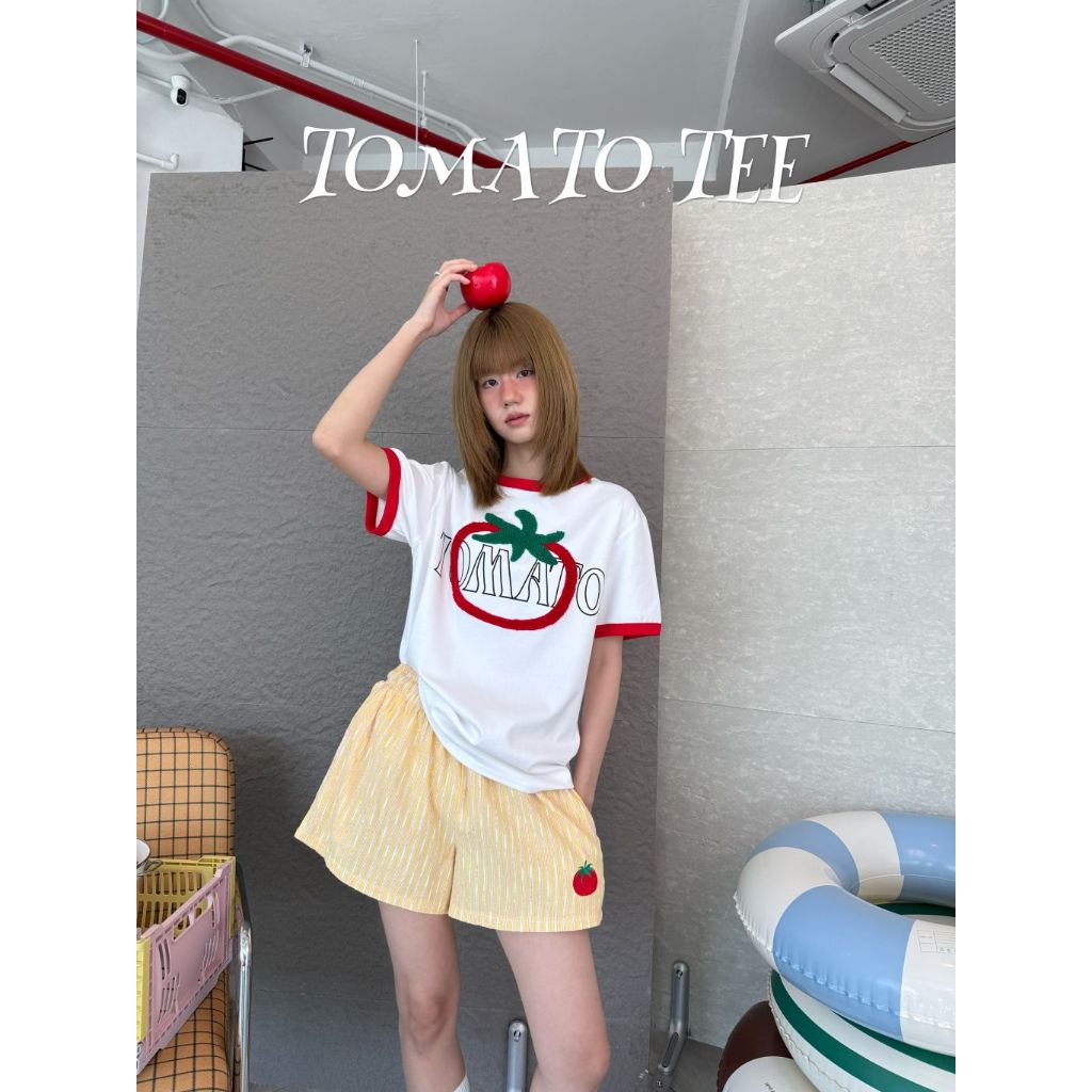 Lazy - C909 - TOMATO TEE - เสื้อยืดแขนจั๊ม ปักมะเขือเทศ (ส่งด่วน)