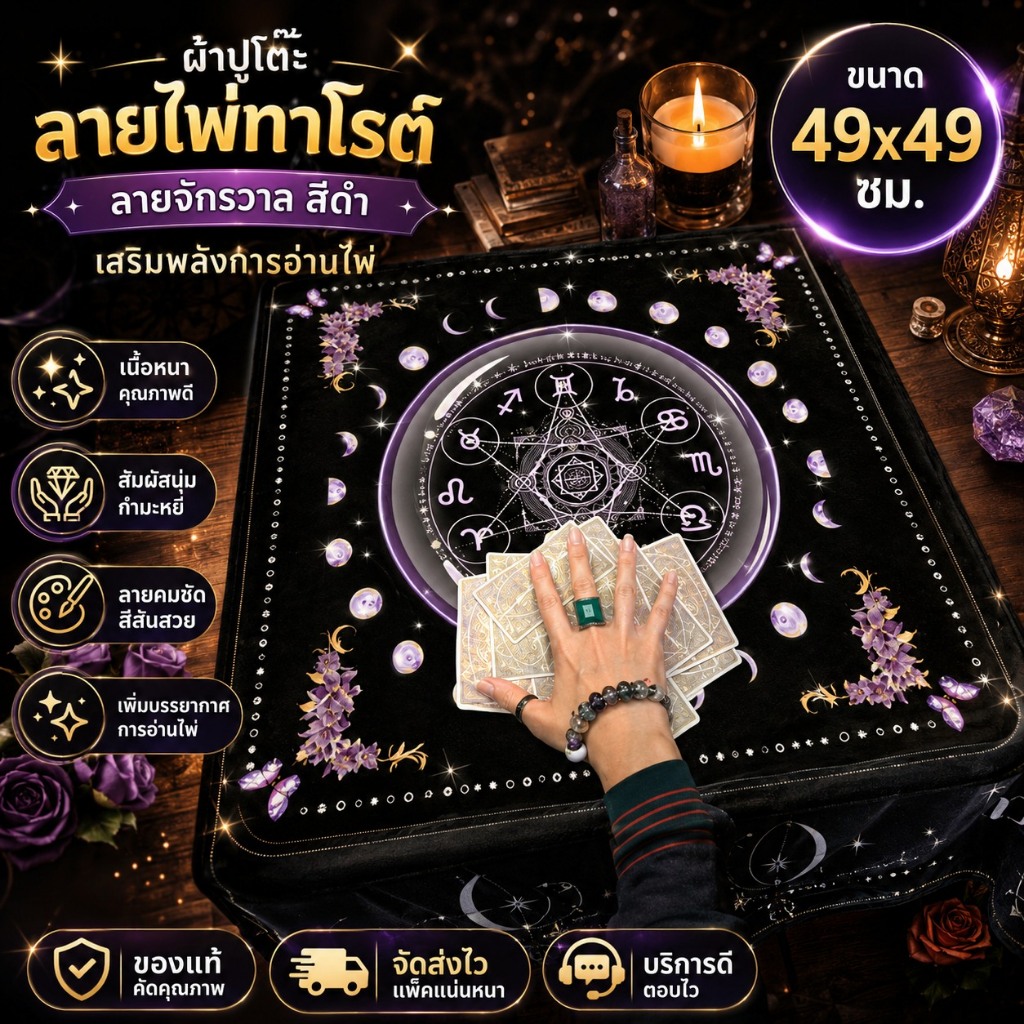 CODผ้าปูโต๊ะไพ่ทาโรต์ แบบหนา คุณภาพสูง ขนาด 49x49 ซม.ผ้าปูโต๊ะ ผ้ากํามะหยี่ ลายไพ่ทาโรต์ แม่มด สีดํา ทรงสี่เหลี่ยม สําหร