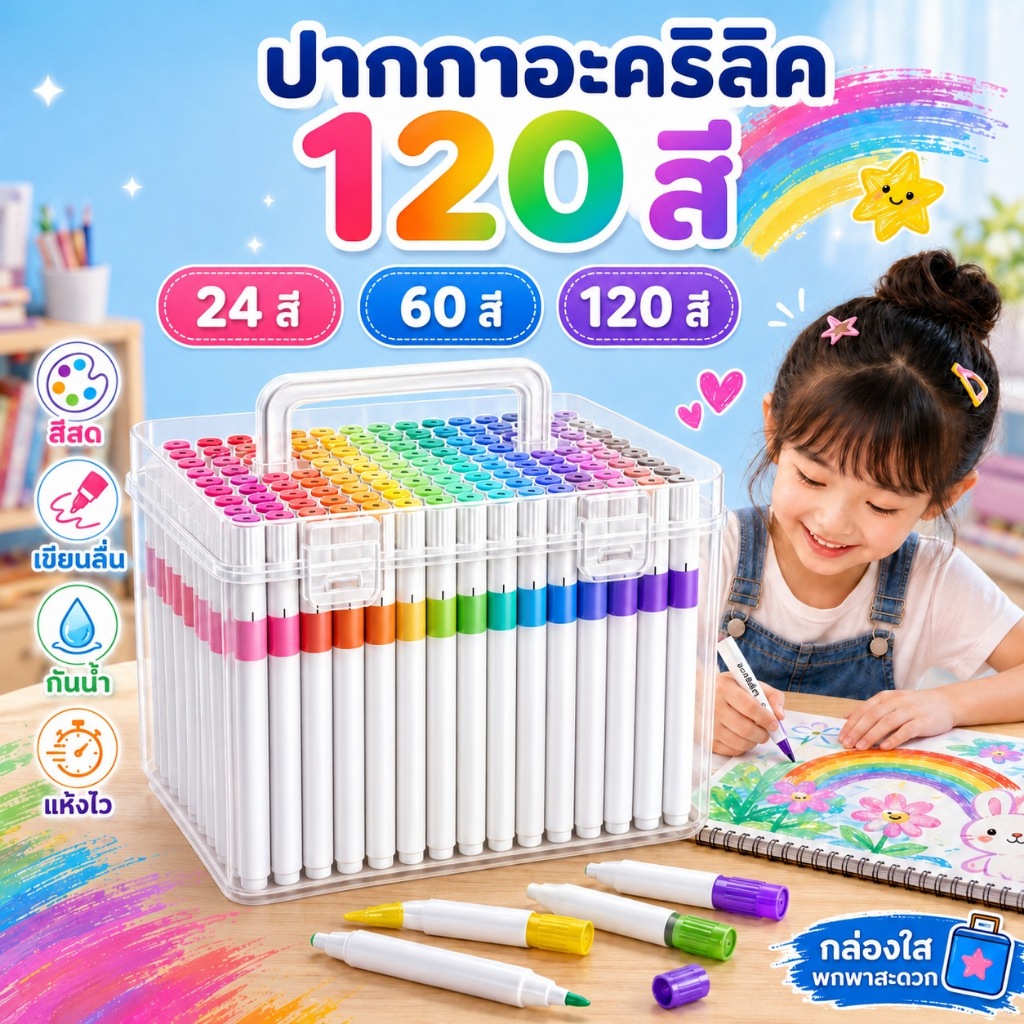 KiKi ปากกาอะคริลิค 24/60/120 สี Acrylic Marker กันน้ำ แห้งไว เขียนได้ทุกพื้นผิว สำหรับวาดรูป DIY