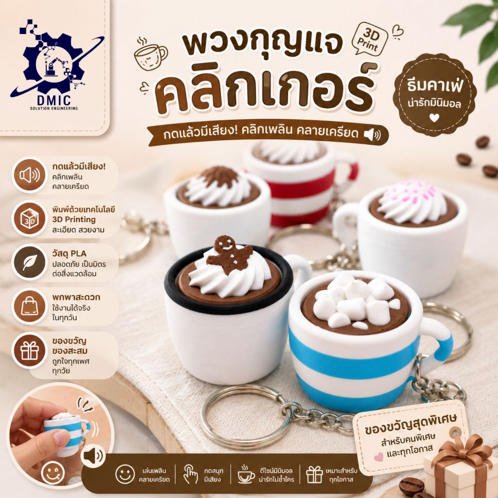 พวงกุญแจแก้ว กดคลายเครียด (Cup Clicker Keychain) 3D Print วัสดุ PLA
