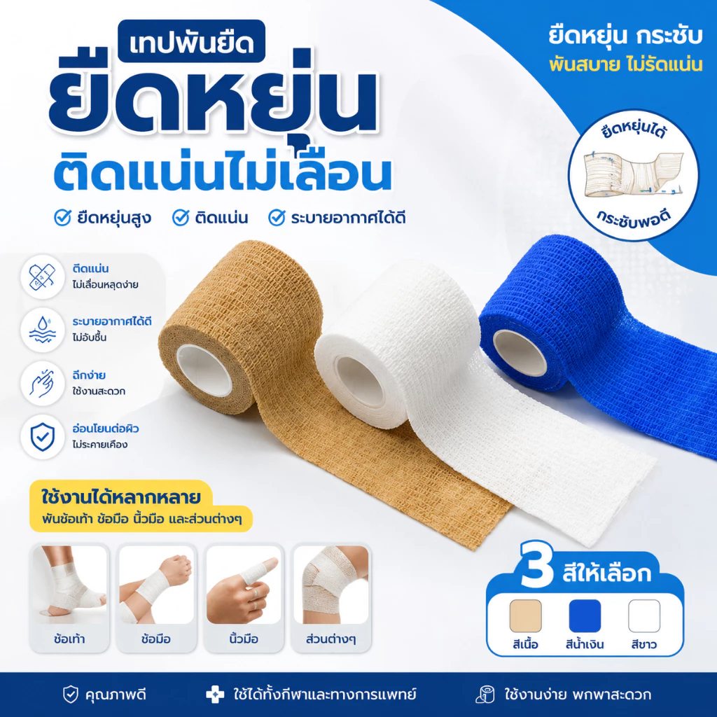 ผ้าล็อค ผ้ายืดพันแผลกาวในตัว เทปพันกาวในตัวแบบยืดหยุ่น เทปพันออกกำลังกาย ยาว 4.5 เมตร