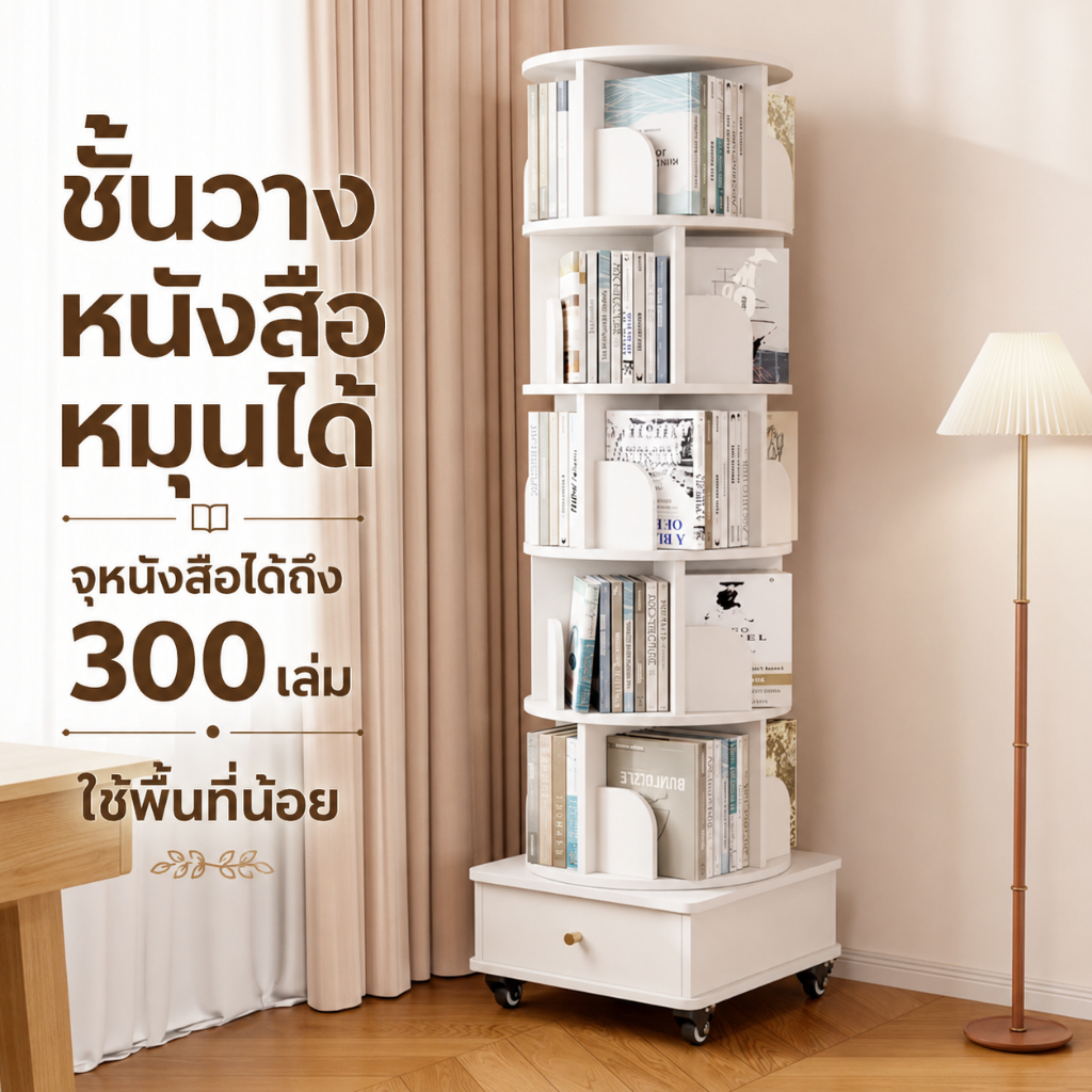 ชั้นวางหนังสือ 360 ° ตู้หนังสือ ตู้ชั้นเก็บของ ตู้หนังสือไม้ หลายชั้นและความจุขนาดใหญ่ ล้อสปินเนอร์เงียบ
