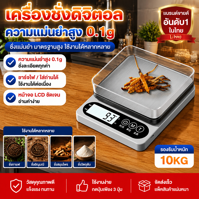 เครื่องชั่งดิจิตอล ตาชั่งดิจิตอลครัว สแตนเลส ชั่งได้สูงสุด 10kg เครื่องชั่งดิจิตอลอาหาร ชาร์จครั้งเดียว ใช้หลายเดือน