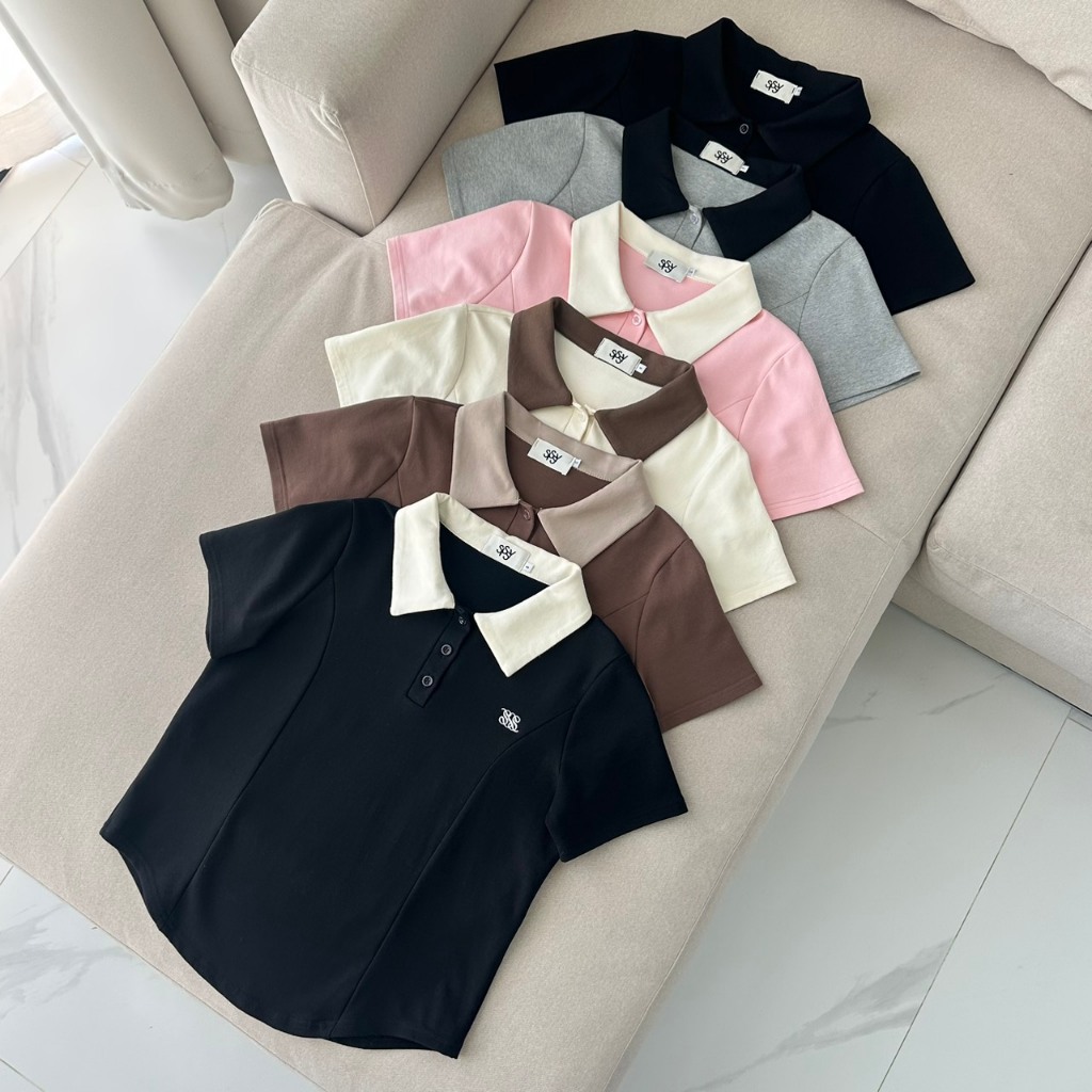 SISSY : เสื้อแขนสั้นคอปกชายโค้ง (S-XXL) ทูโทน ผ้านุ่มยืดใส่สบาย แต่งลายเส้นใส่แล้วพรางหุ่น