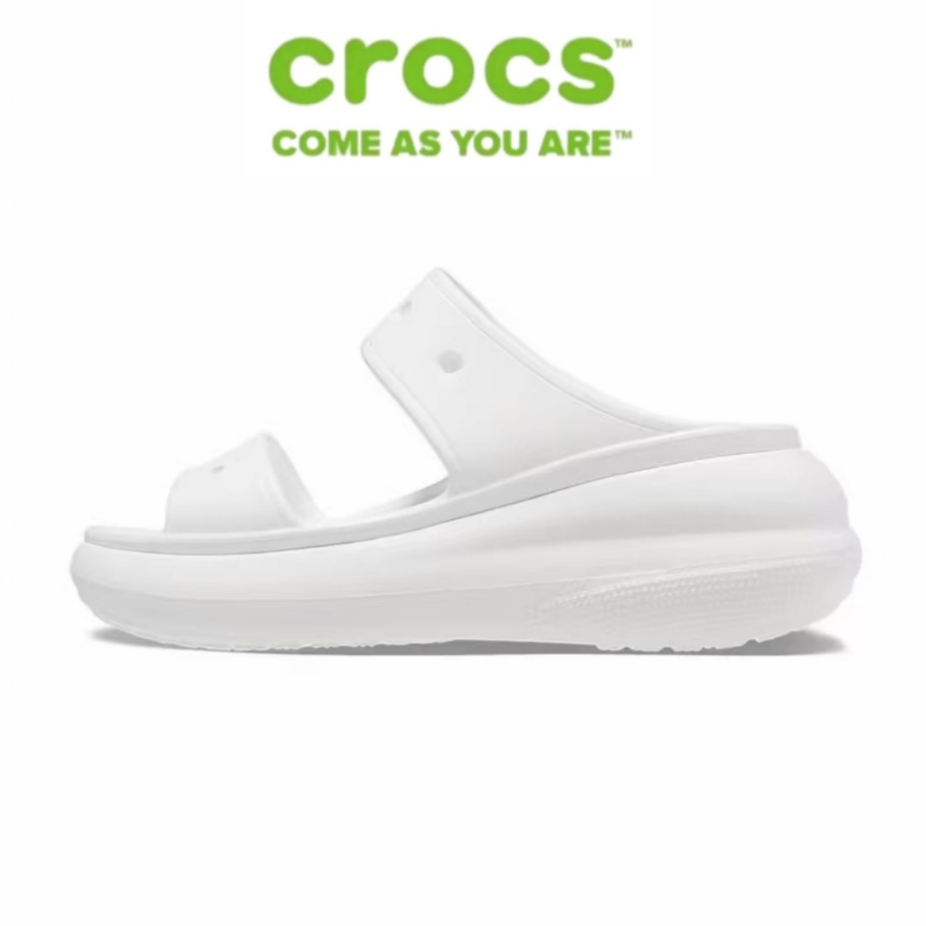 【FREE SHIP】 Crocs Classic Crush ความสะดวกสบายส้นส้นส้นสูงกลางแจ้ง รองเท้าแตะยูนิเซ็กส์ขาว