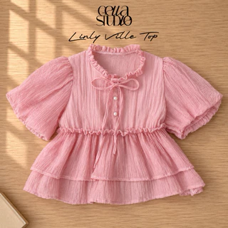 LINLYY TOP-(พร้อมส่ง)เสื้อคอกลมแต่งระบายแขนตุ๊กตา ผ้าโรซี่(GELLA)