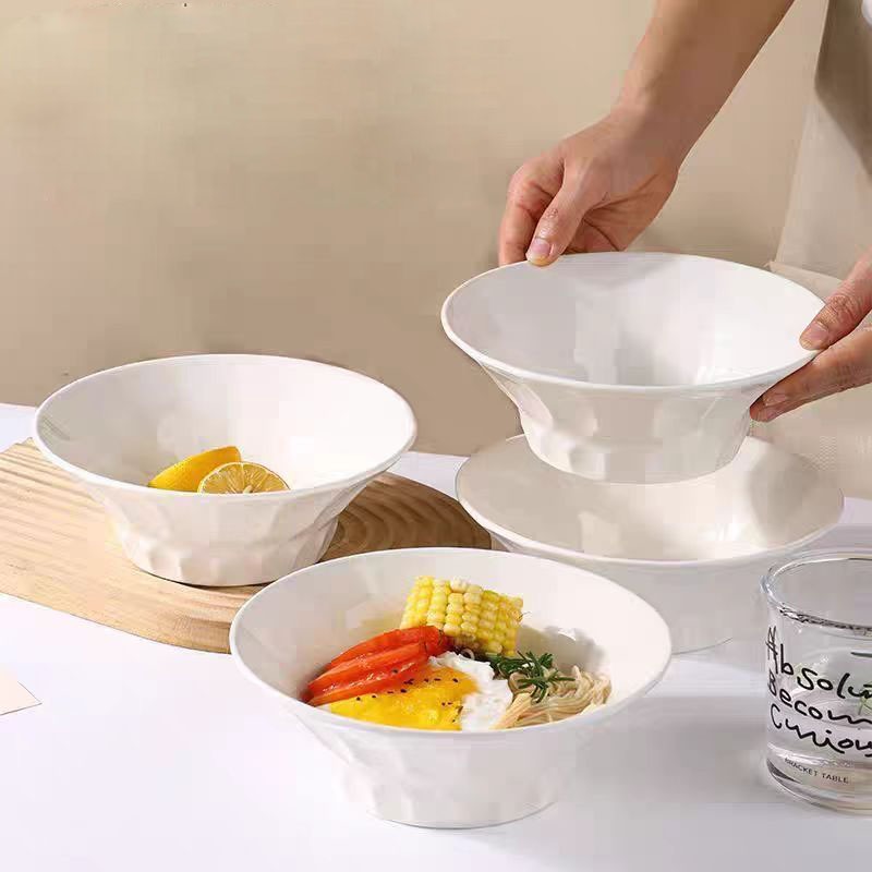 【พร้อมส่ง】ชามเซรามิค ขาว 8 นิ้ว ชามสลัดนูน ชามก๋วยเตี๋ยว ซุป เข้าไมโครเวฟได้