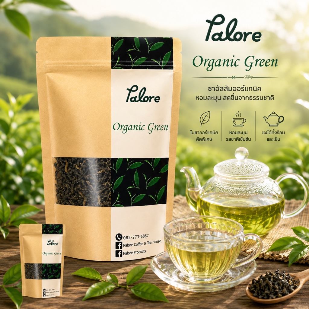 ชาเขียว ชาออร์แกนิก แบรนด์พาลอร์ บรรจุซองซิปล็อค ขนาด 50 กรัม​ (Organic Green Tea)