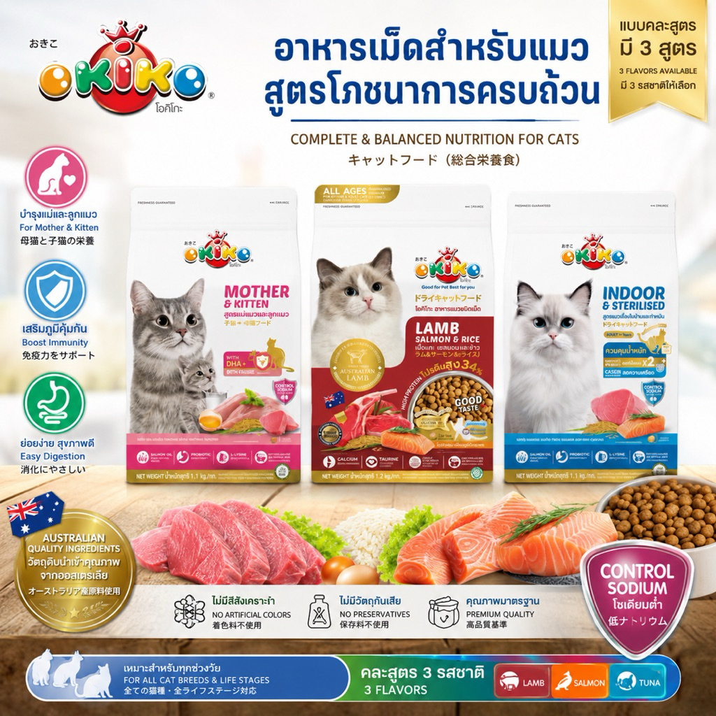 OKIKO Cat Food โอกิโกะ อาหารเม็ดแมวโต/ลูกแมวและแมวทำหมัน แมวเลี้ยงในบ้าน ขนาด 1.1-1.2kg