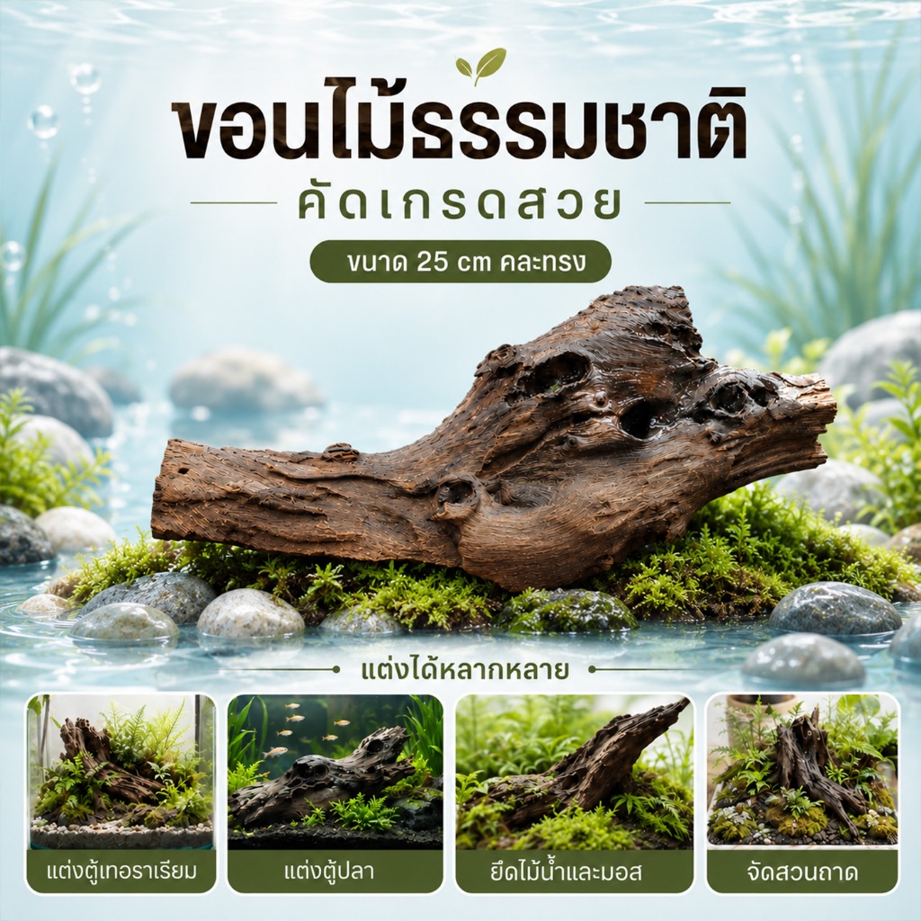 ขอนไม้แต่งตู้ปลา 25cm ชนิดไม่จม เปลือกไม้ธรรมชาติ ไม้เทอราเรียม ยึดมอส ไม้น้ำ ที่หลบปลา กุ้ง เต่า แต่งสวนถาด
