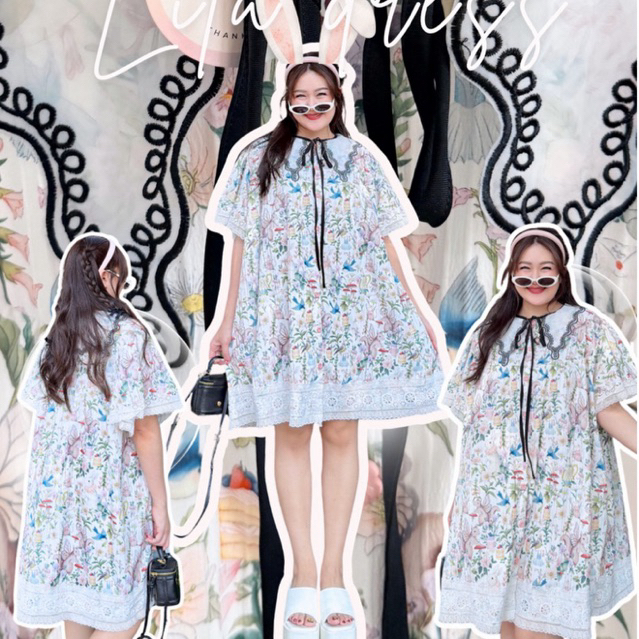 NITAAN 🐁 LILA DRESS เดรสผ้านูนทางพิมพ์ลาย โอเว่อร์ไซส์ ปกปัก สวยมากกก กระดุมหน้าอแต่งลูกไม้