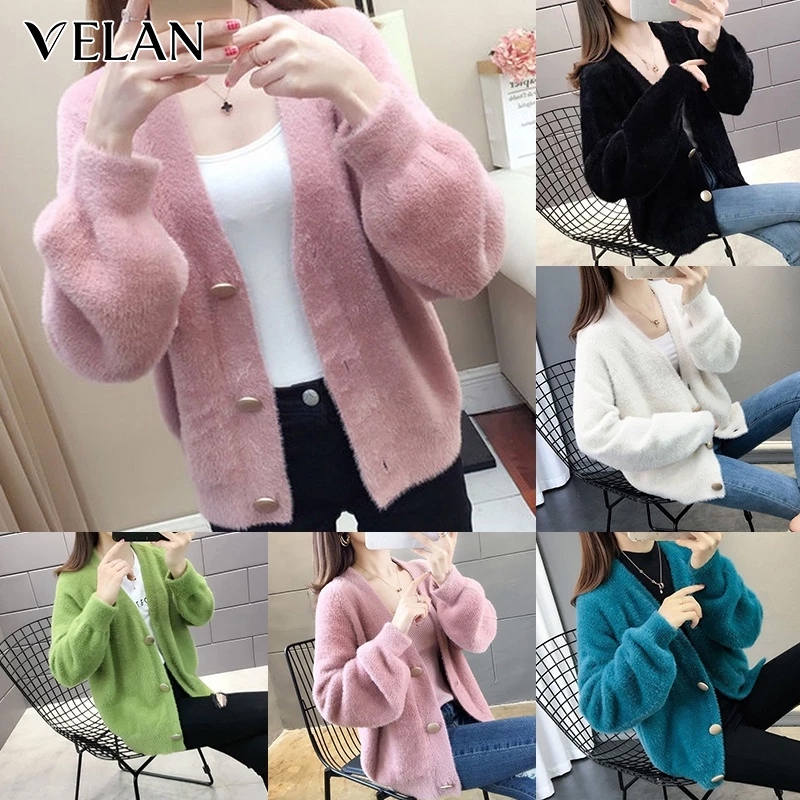 [พร้อมส่ง]เสื้อสเวตเตอร์ไหมพรม มีกระดุม สีพื้น ถักเสื้อกันหนาว ผู้หญิง