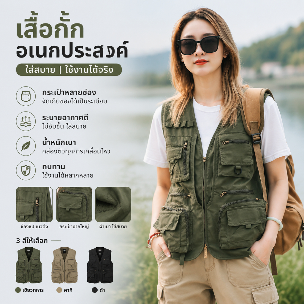 UniWear | คุณภาพสูงเสื้อกั๊ก เสื้อแจ็คเก็ตคาร์โก้ เสื้อกั๊กหลายกระเป๋าใหม่ล่าสุด
