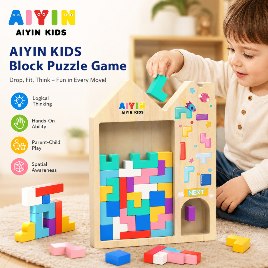 AIYIN KIDS Wooden Tetris Block Game, 3D Building Blocks Puzzle Toy, Logic Thinking & Shape Matching 