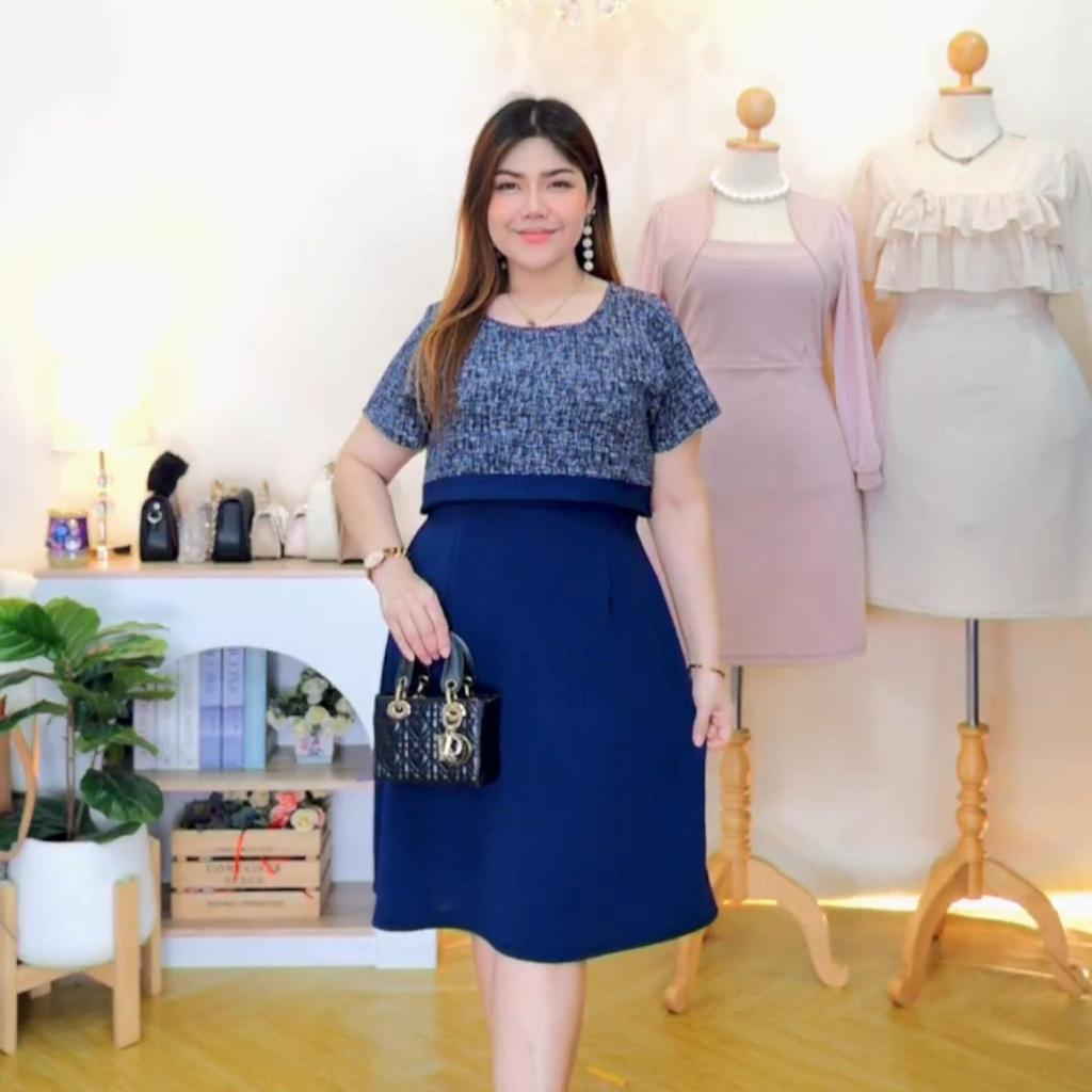 ANNNEW เดรสทำงานผ้าวูลเวฟเเต่งลายผ้าทวิต 3070R
