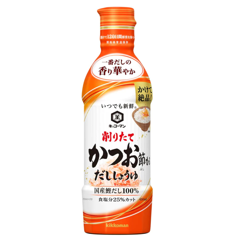 Kikkoman katsuobushi shoyu คิคโคแมน คัตสึโอบุชิ โชยุ ขวดใหญ่ ขนาด 450 ml โชยุฝาส้ม โชยุซุปปลาแห้ง ที่หลายคนตามหา
