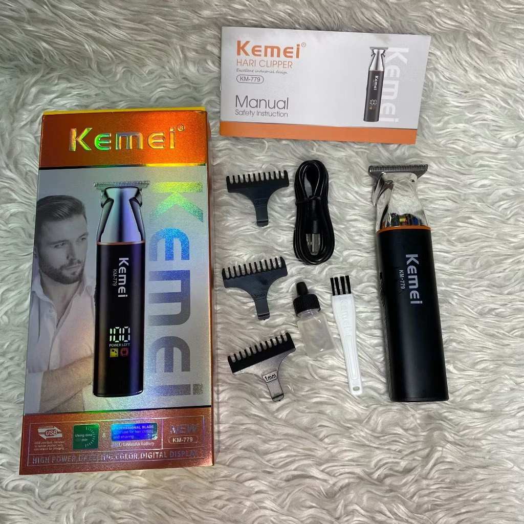 Kemei KM-779 ผลักดันผม Clipper พร้อมจอแสดงผล LCD ดิจิตอล น้ำมันหัวแกะสลัก ตัดผมและปัตตาเลี่ยน ดูแลผมมืออาชีพ