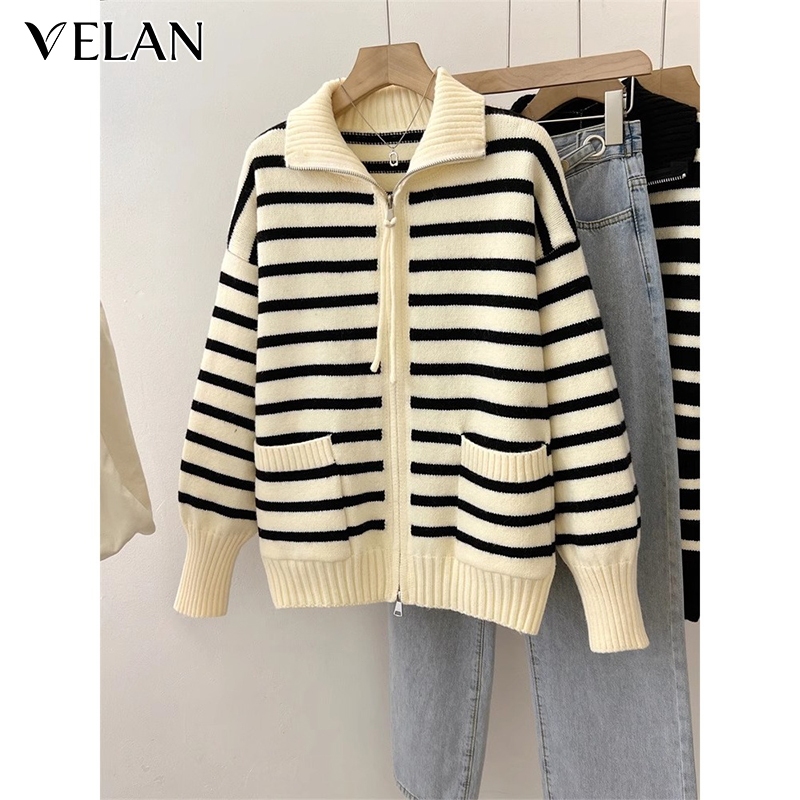[พร้อมส่ง]เสื้อคาร์ดิแกนผู้หญิง ซิปหน้า ลายทาง ทรงหลวม ฟชั่นสไตล์เกาหลี