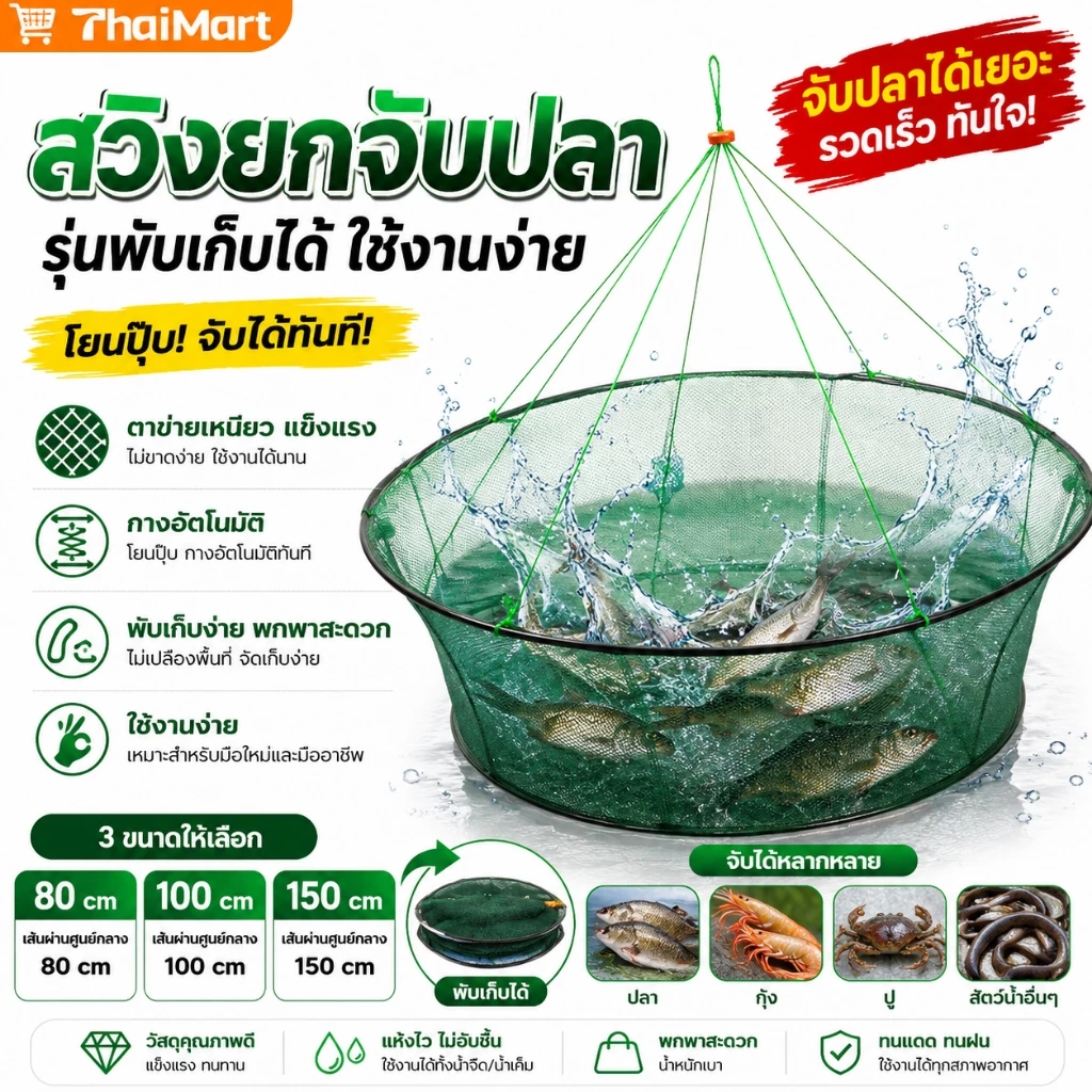 กระชังดักปลา ยอยกปลา ตาข่ายจับปลา ตาข่ายจับปลาแบบพับได้ พกพาง่าย มีที่ใส่เหยื่อล่อ