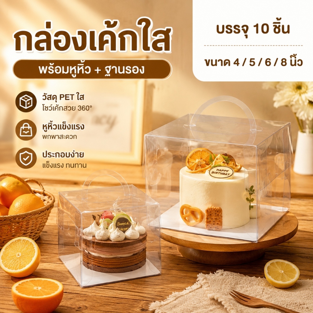 กล่องเค้กใส รุ่นใหม่！แพ็ค 10 ชิ้น มีให้เลือก 4-8 นิ้ว หูหิ้ว พกพาสะดวก พร้อมฐานสีขาว