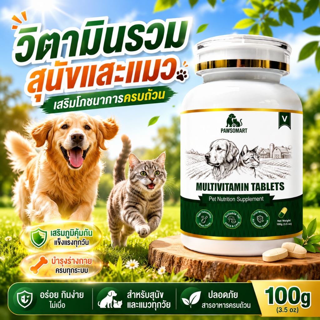 PAWSOMART วิตามินสัตว์เลี้ยง สูตรรวม บำรุงสุขภาพ เสริมภูมิคุ้มกัน ขนนุ่มเงางาม สำหรับสุนัขและแมว 100g ประมาณ 200 เม็ด