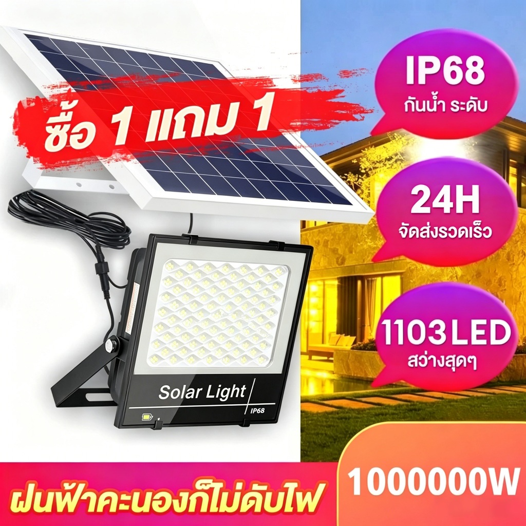 ⚡ซื้อ1 แถม 1⚡ไฟโซล่าเซลล์ IP68 โซล่าเซลล์ กันน้ำ กันฟ้าผ่า 1000000W โซล่าเซลล์สปอตไลท์ ไฟโซล่าเซลล์สว่างทั้งคืน