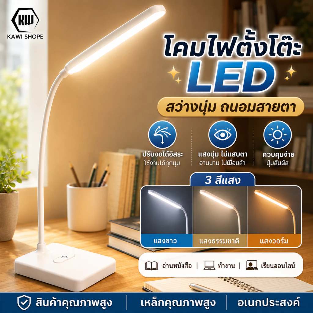 โคมไฟตั้งโต๊ะ โคมไฟอ่านหนังสือ LED รุ่น1901 ปรับแสงได้3สี รี่แสงได้ ไฟมินิมอล มีแบตเตอรี่ในตัว