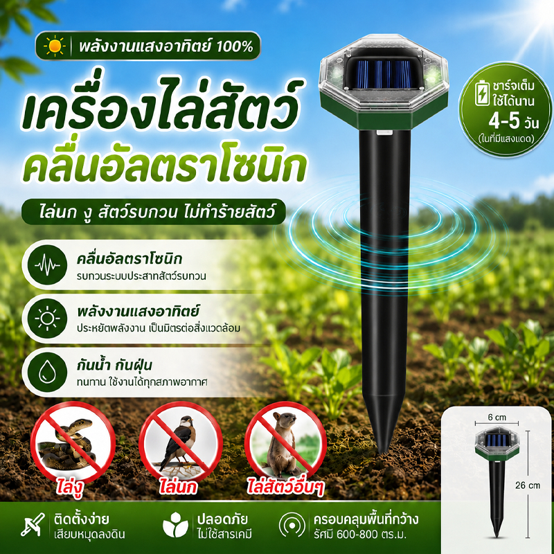 🦅360°🦅เครื่องไล่นก เครื่องไล่สัตว์ อัลตราโซนิกโดยพลังงานแสงอาทิตย์ อัลตราโซนิกอุปกรณ์ไล่นกไล่หนูไล่หมาไล่แมวไล่งูที่ไล่ต