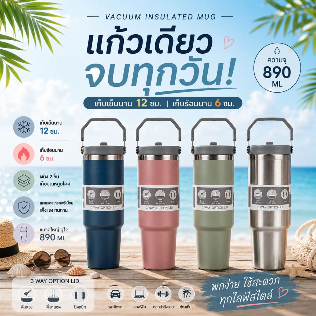 890ml ขวดน้ำเก็บอุณหภูมิ แก้วเก็บความเย็น ความร้อน ใส่เครื่องดื่ม น้ำ | casa & co.