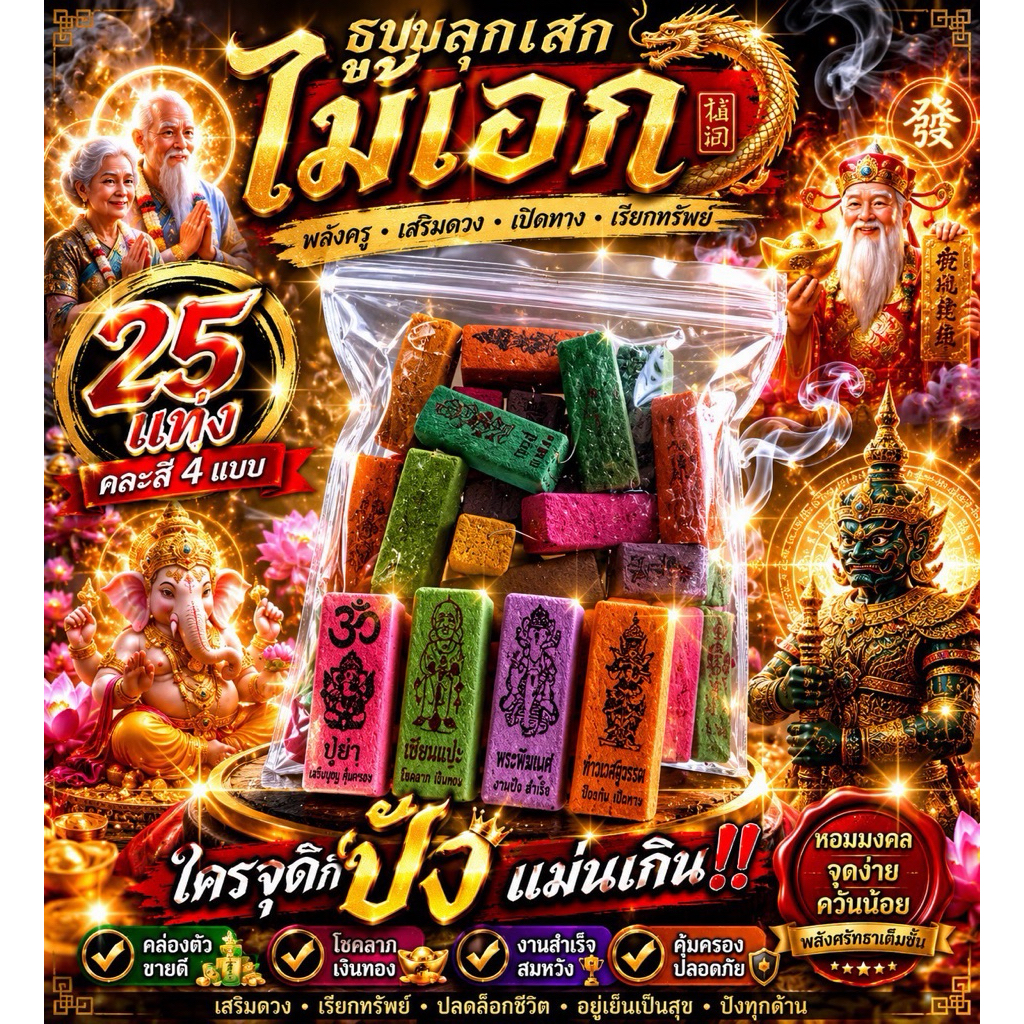 ธูปปลุกเสก25แท่ง คละสี 4แบบ