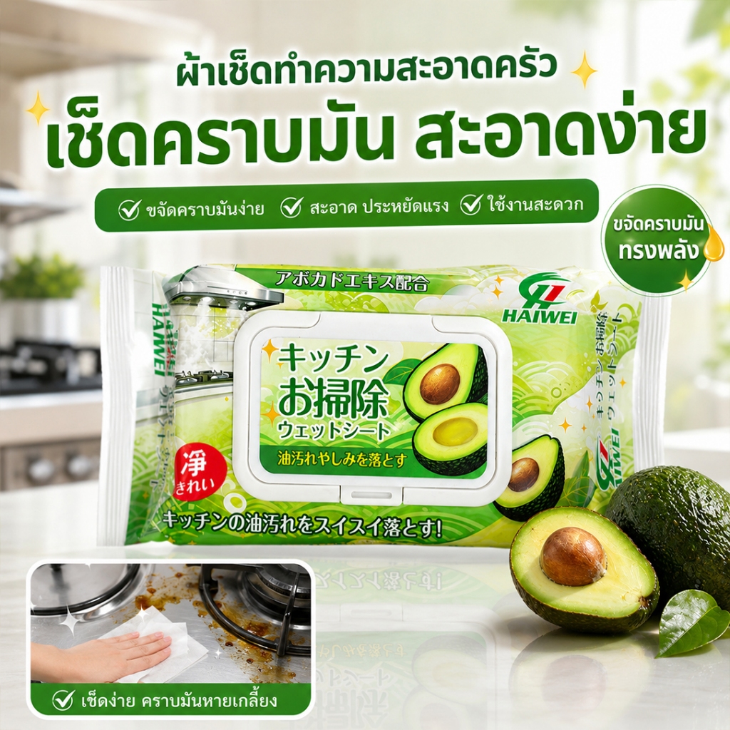 ซื้อ 2 แถม 1!ห้องครัว ทิชชู่เปียก รสอะโวคาโด ขจัดคราบมันได้อย่างมีประสิทธิภาพ อเนกประสงค์ ผ้าเช็ดทำความสะอาดครัว
