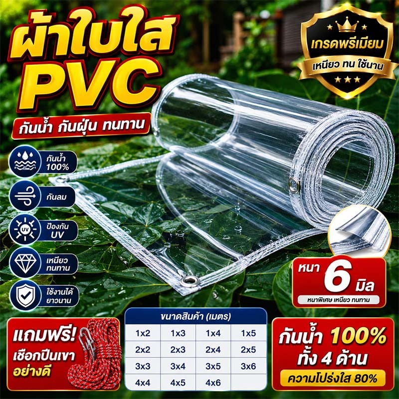 หนาขึ้นห้าเท่า ผ้าใบใส ส่งผ่านแสง100% ผ้าพลาสติกใส  คุณภาพเยอรมัน เหมาะสําหรับระเบียง/ห้องนอน/ที่จอดรถ/ดอกไม้ ผ้าใบกันฝน
