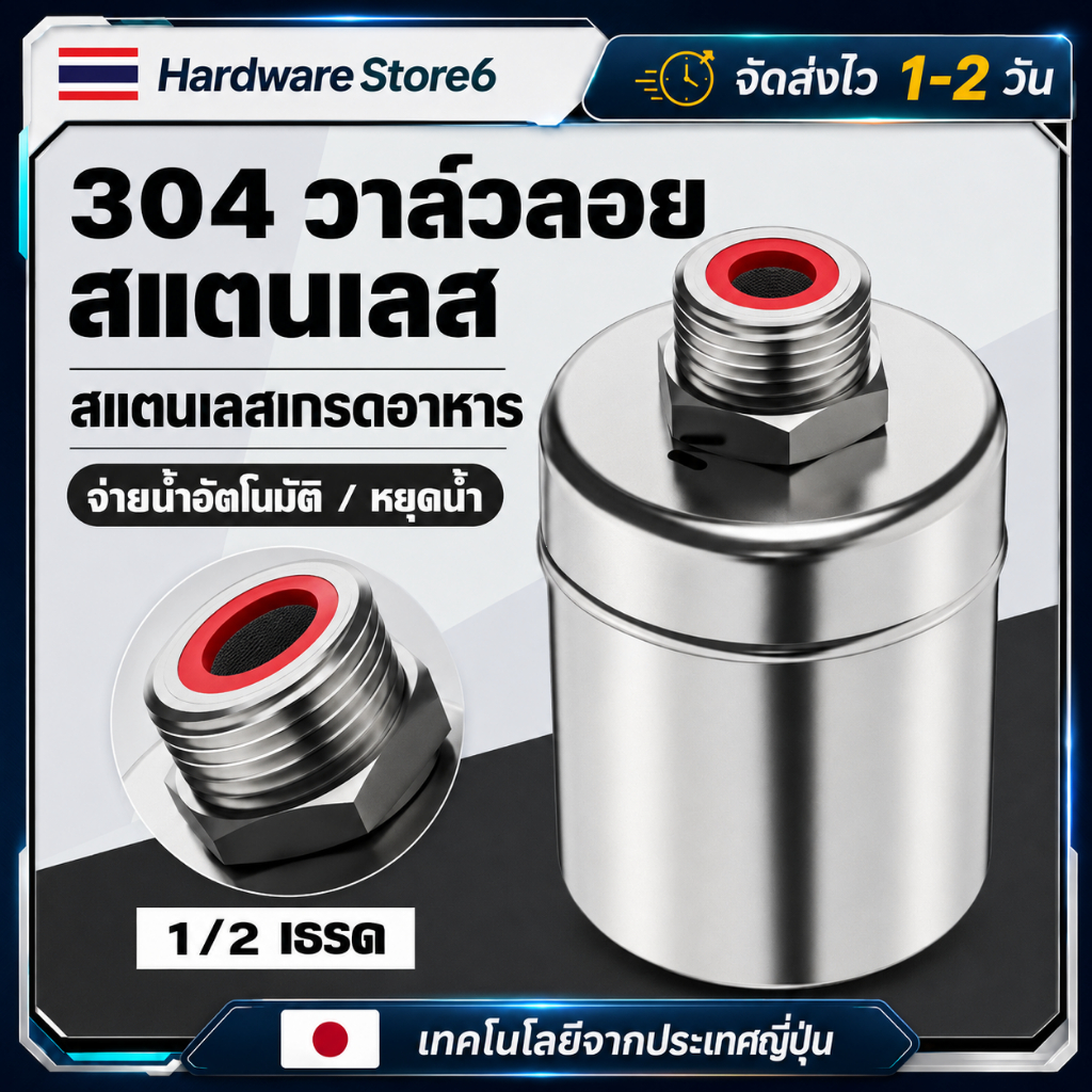 Hardware Store6 จัดส่งภายใน 24 ชม. วาล์วลูกลอยสแตนเลส304 ควบคุมระดับน้ำ 1/2 3/4 1นิ้ว น้ำเต็มตัดเอง ทนร้อน กันสนิม ใช้ดี