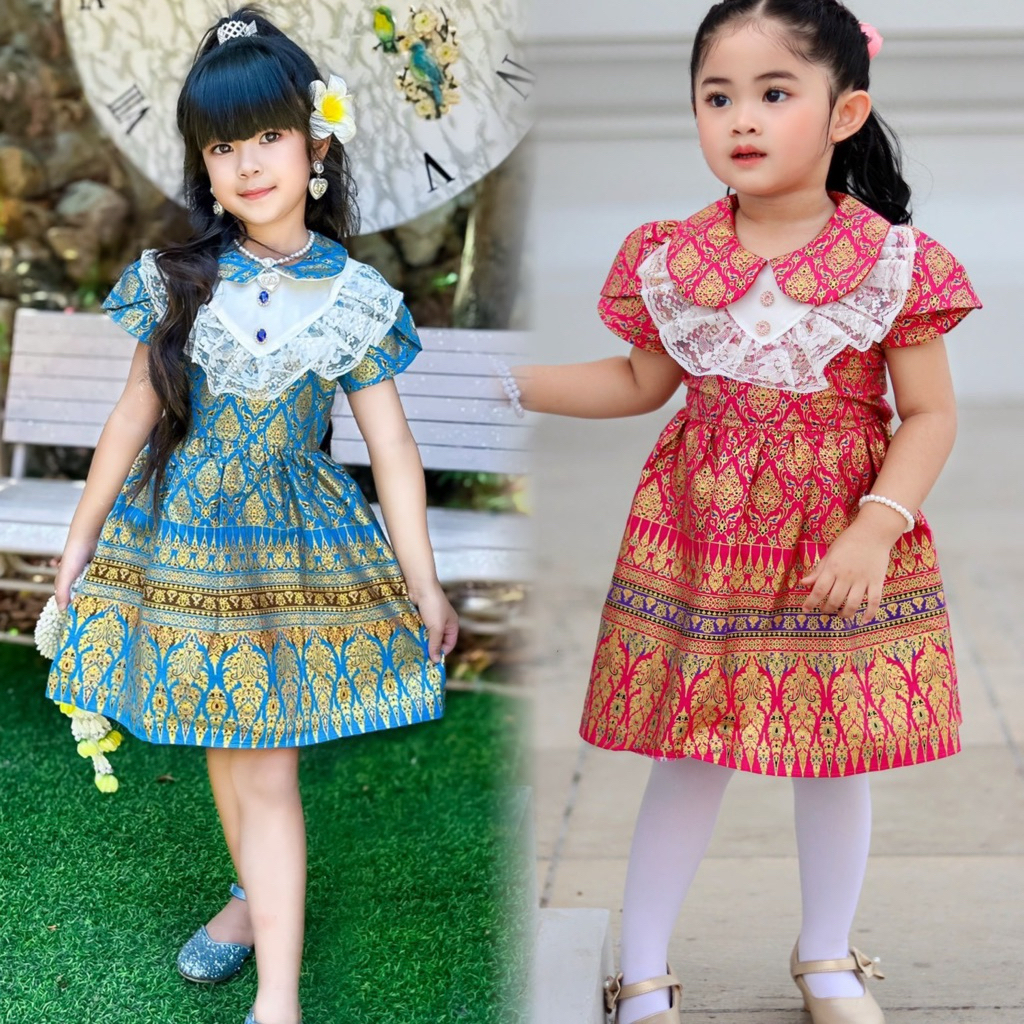 (รหัสKK)เดรสไทยเด็กหญิง ผ้าคอตตอลพิมพ์ทอง  ด้านหลังใส่ซิปซ่อนมาพร้อมสายผูกเอว เด็กๆใส่ไปโรงเรียนไปวัดออกงานน่ารักมากๆค่ะ