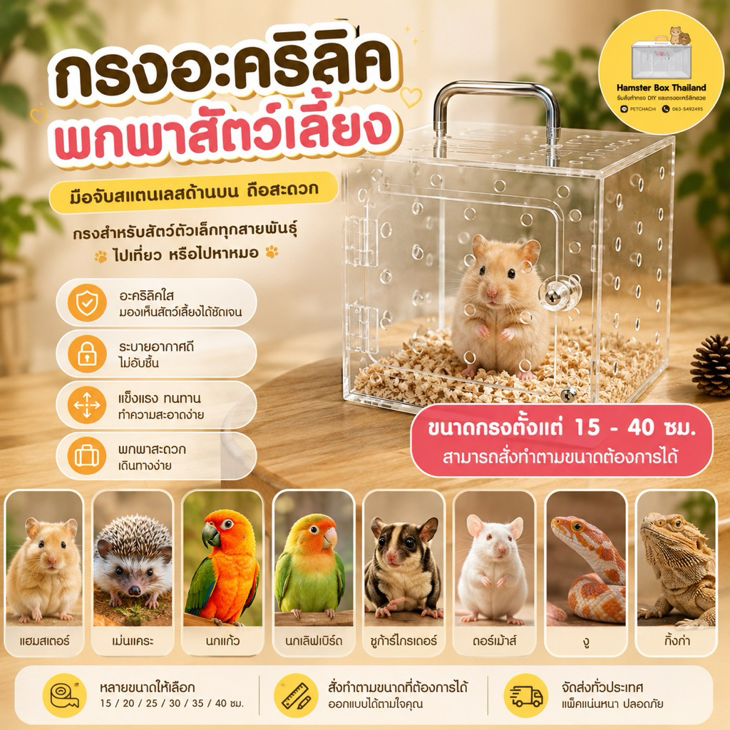 กรงอะคริลิคพกพา กรงพกพา กรงไปเที่ยว กรงหาหมอ หนูแฮมสเตอร์ เม่นแคระ นก ชูก้า ดอร์เม้าส์ หนา 3 มิล