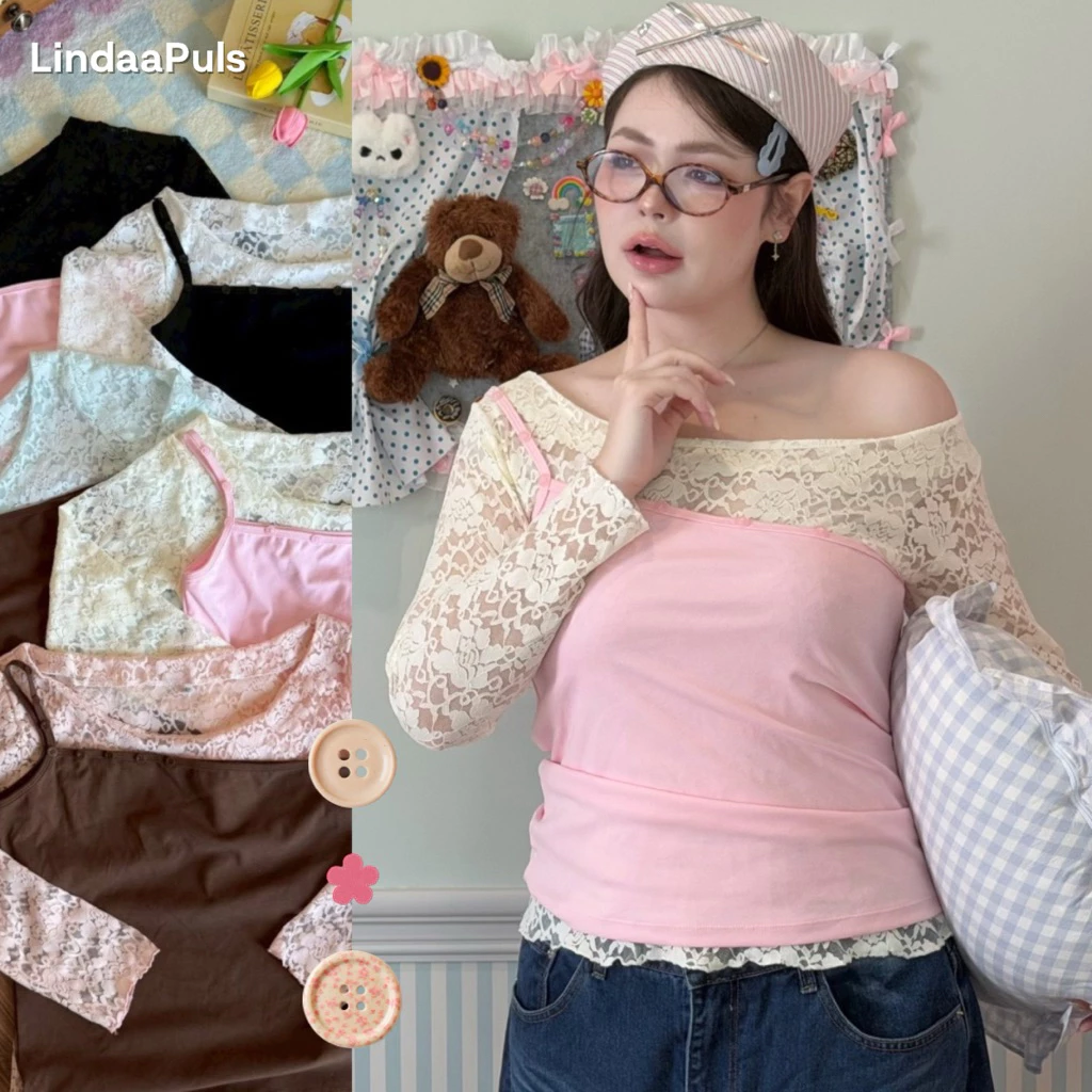 LindaaPlus--𝑳𝒖𝒏𝒂 𝒔𝒆𝒕 ⋆˚ʚɞ เสื้อแขนยาวผ้าลูกไม้+ สายเดี่ยวปาดไหล่แต่งกระดุม งาน 2 ชิ้น แยกชิ้นได้ แต่งเลเยอร์สลับคู่สี