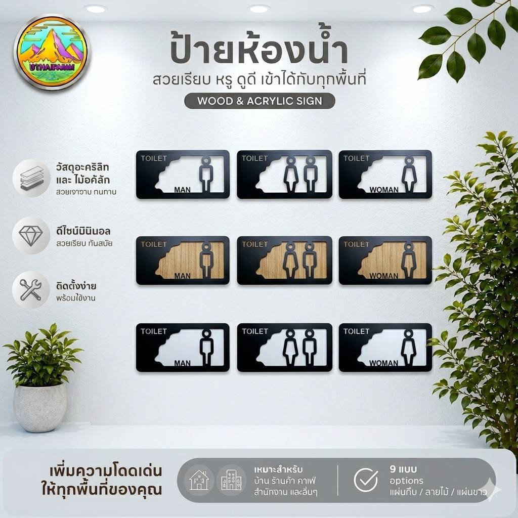 ป้ายห้องน้ำ มีดีไซน์ แปลกแตกต่างสวยเท่ห์เก๋ๆ อะครีลิกเลเซอร์ มินิมอลโมเดิร์น 3สไตล์ [UTHAIFARM Ads.]