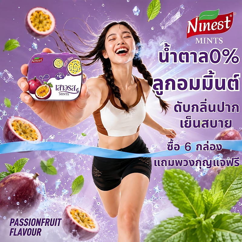 ลูกอมมิ้นต์ Ninest ดับกลิ่นปาก หอมสดชื่น ไม่มีน้ำตาล(35 เม็ด)ลูกอมมิ้นท์ กลิ่นผลไม้ เสาวรส รสชาติ