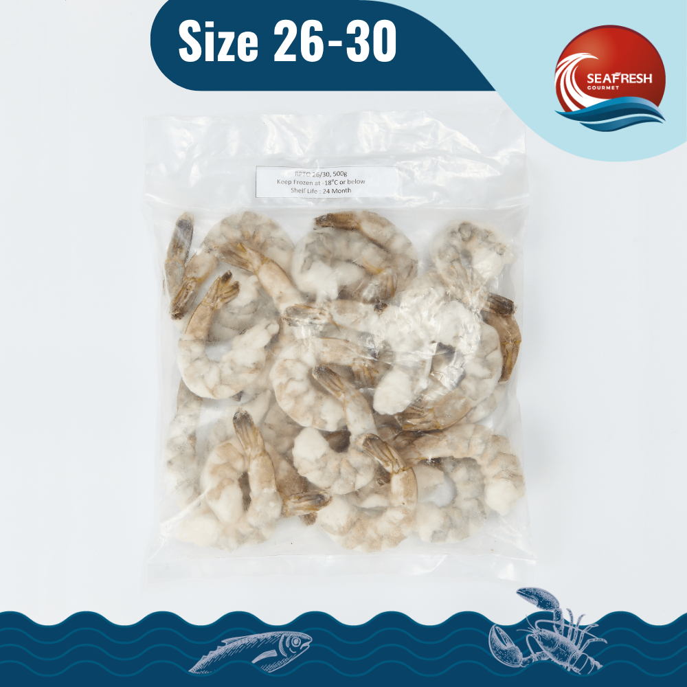 กุ้งสดแกะเปลือกผ่าหลังไว้หางแช่แข็ง 26/30 Pack 500 G (NW100%)