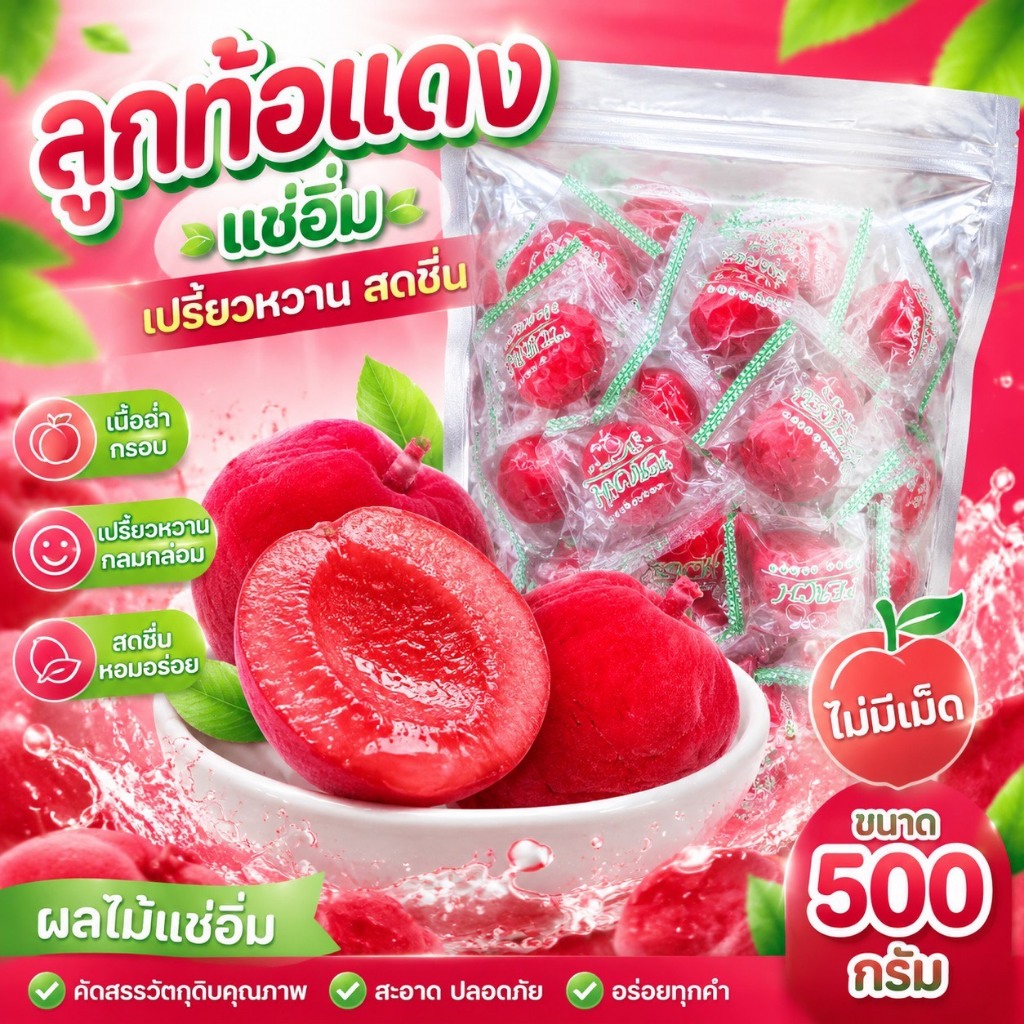 ลูกพีชแช่อิ่มรสเปรี้ยวหวานลงตัว เนื้อฉ่ำเด้ง สดชื่นทุกคำ คัดลูกพีชคุณภาพ 500 กรัม อัดแน่น 20 ลูกขึ้นไป