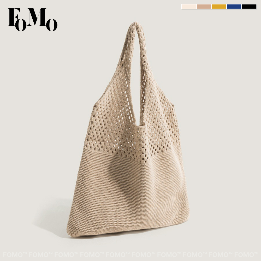 FOMO กระเป๋าโท้ทผ้าถักนุ่ม ตาข่ายโปร่ง ดีไซน์สไตล์อินส์ ขนาดใหญ่ สะพายไหล่ พกพาง่าย พับเก็บได้ เหมาะเที่ยวชายหาด วันหยุด