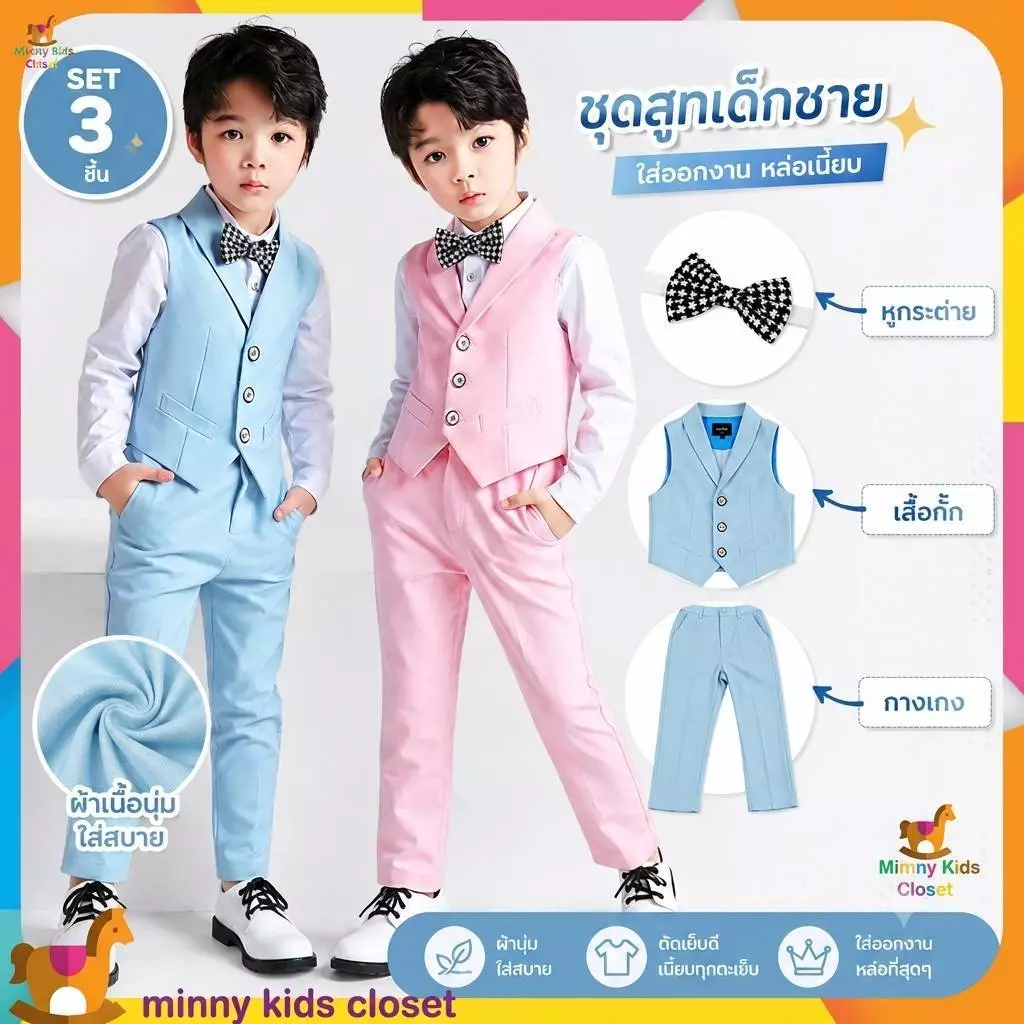 🇹🇭ส่งไวทันที 🇹🇭ชุดสูทเด็ก ชุดสูทเด็กชาย สีฟ้า สีชมพู เสื้อกั๊ก+หูกระต่าย+ กางเกงขายาว children's suitกฎ