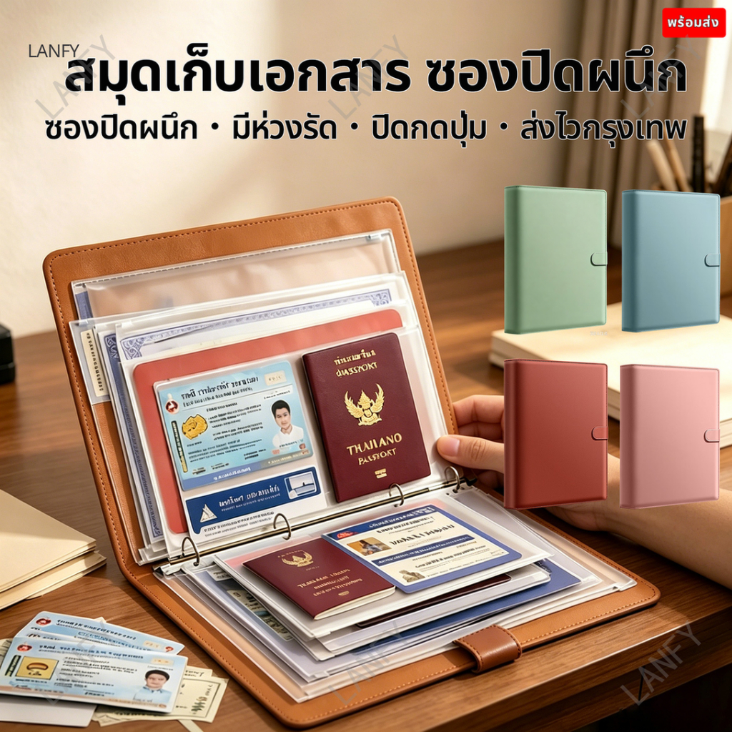 【ปิดกดปุ่มแน่น】สมุดเก็บเอกสารสำคัญครอบครัว หนังPU ซองPPปิดผนึก กันฝุ่นชื้น มีห่วงรัดเพิ่มหน้าได้ เก็บบัตร บ้าน-สำนักงาน