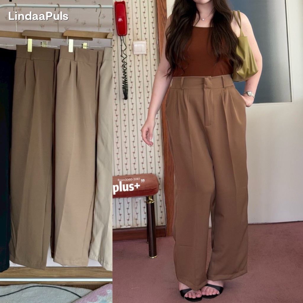 LindaaPlus-- กางเกงขายาวทรงกระบอกสาวอวบอ้วน 🌷✨  รุ่นตะขอหน้าแบบคู่ เอวสูง ไม่รั้งเป้า เก็บพุงทรงสวย แพทเทิร์นเป๊ะ