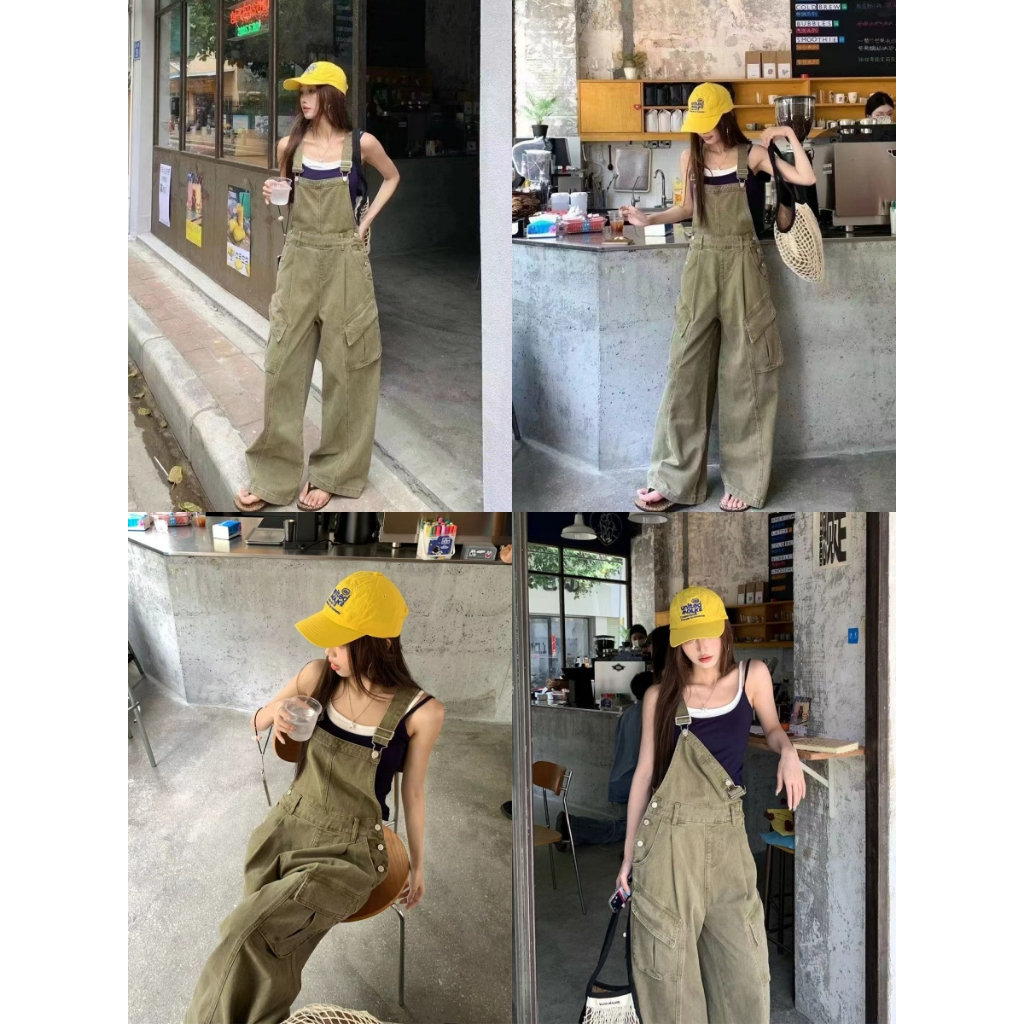 เอี้ยมกางเกงผู้หญิง กางเกงขากว้าง ทรงหลวม มีหลายกระเป๋า สไตล์วินเทจ ใส่สบาย #111373