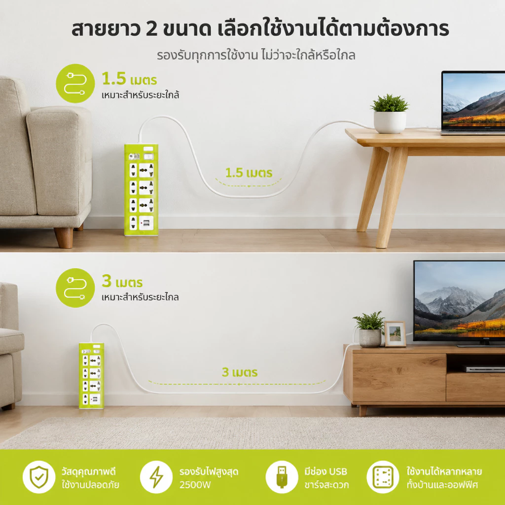 ปลั๊กไฟ 7 ช่อง 2300W มี USB สายยาว 3/5/8 เมตร thumbnail 10
